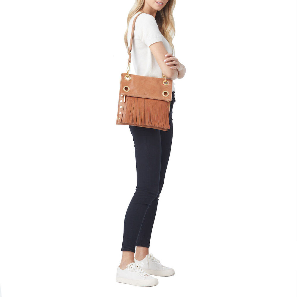 Hammitt Montana Saddle Brown Zip Suede Gold Reverse Leather Bag Handbag Purse NW - Picture 5 of 8